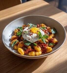 Gnocchi i krämig tomat- och chilisås med burrata