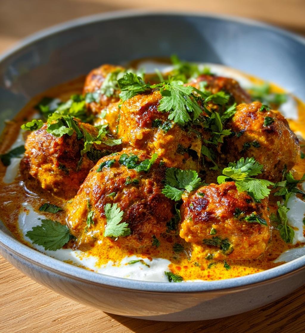 Kycklingköttbullar i mangocurry med kokosgrädde – Enkel och saftig rätt