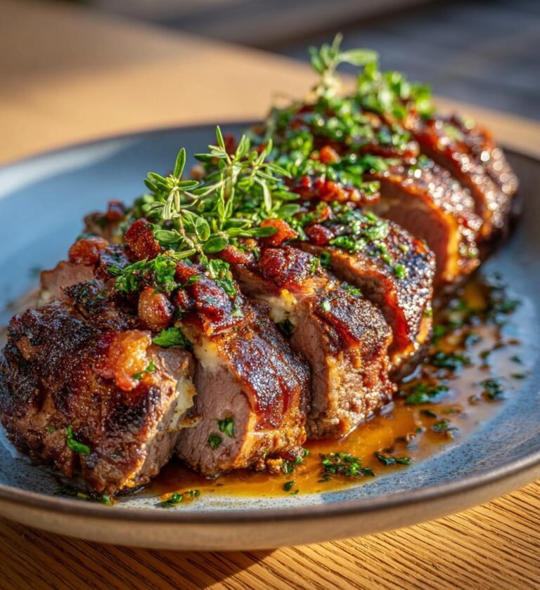 Fylld fläskfilé med färskost, vitlök och bacon
