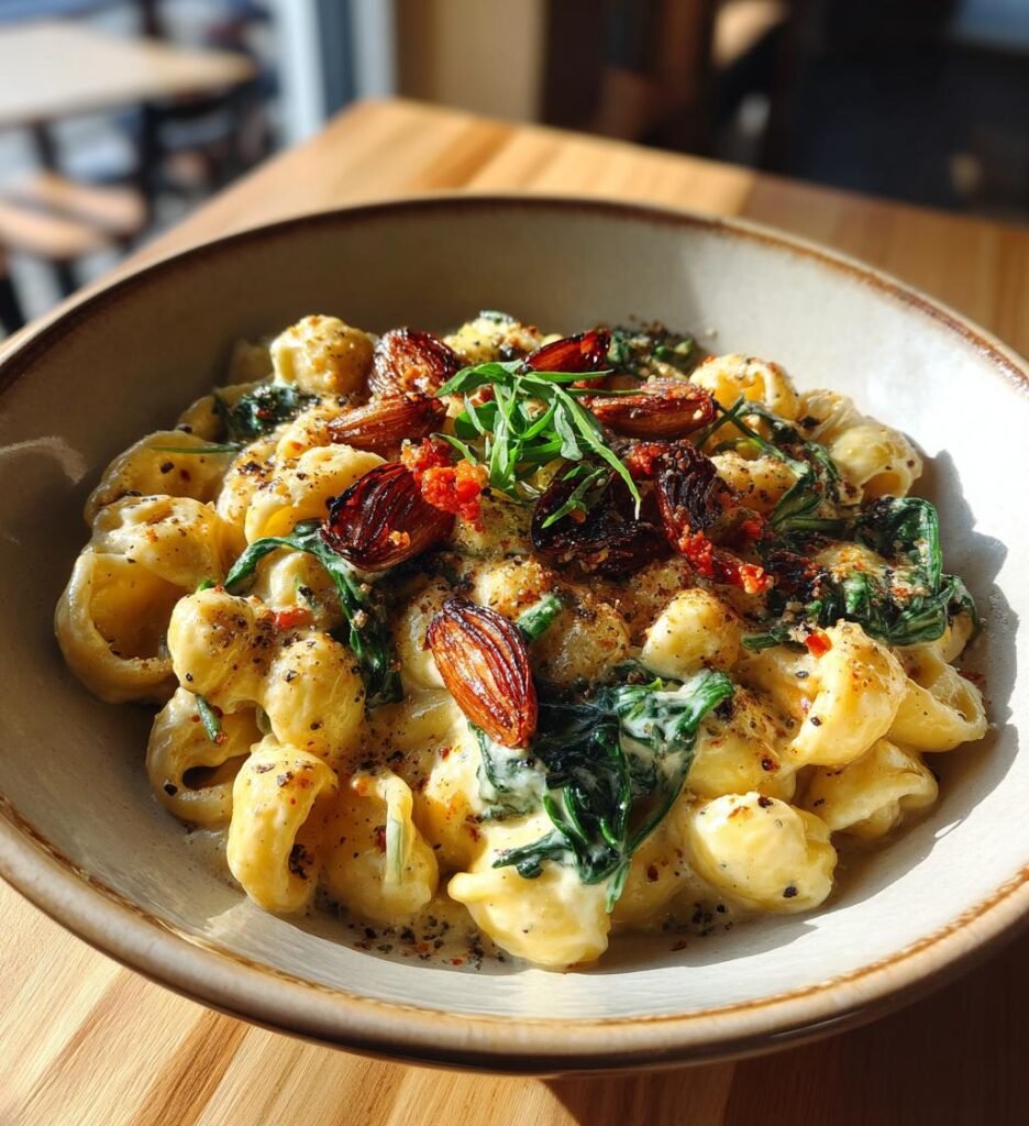 Krämig pasta med rostad vitlök, mascarpone och spenat