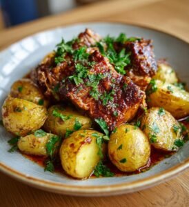 Ugnsbakad fläskkarré med äppelmos och rostad potatis