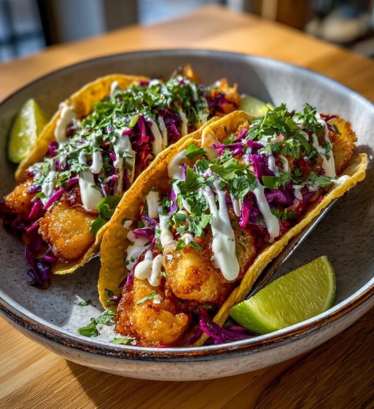 Krispiga fisktacos med limekräm och kålsallad