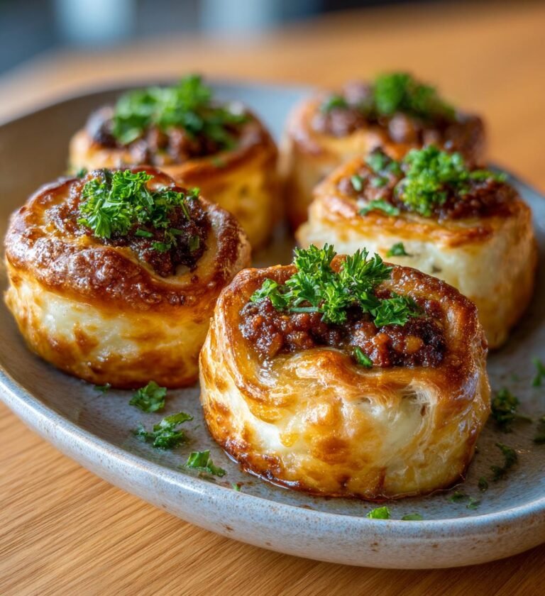 Smördegsrullar fyllda med köttfärs och potatismos