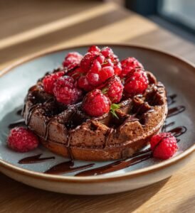 Chokladvåfflor med hallon och chokladsås