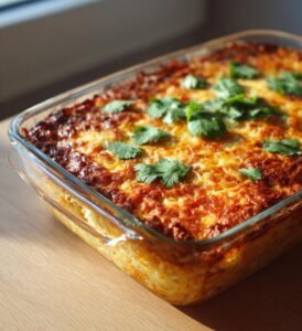 Tacogratäng med kalkonfärs, ris och cheddar