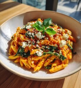 Krämig paprikapasta med fetaost och spenat