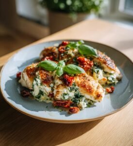 Fyllda kycklingfiléer med färskost och soltorkade tomater