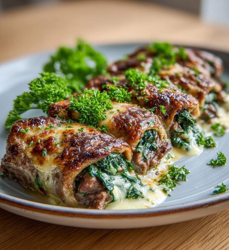 Lövbiffsrullar med spenat, vitlök och ost