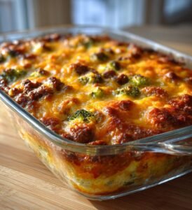 Broccoligratäng med köttfärs och cheddar