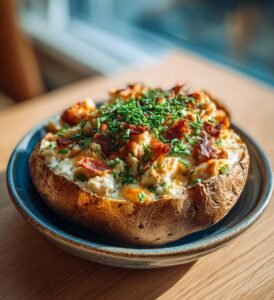 Bakad potatis fylld med kyckling, bacon och ost