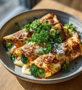 Kasslercrêpes med broccoli och lagrad ost