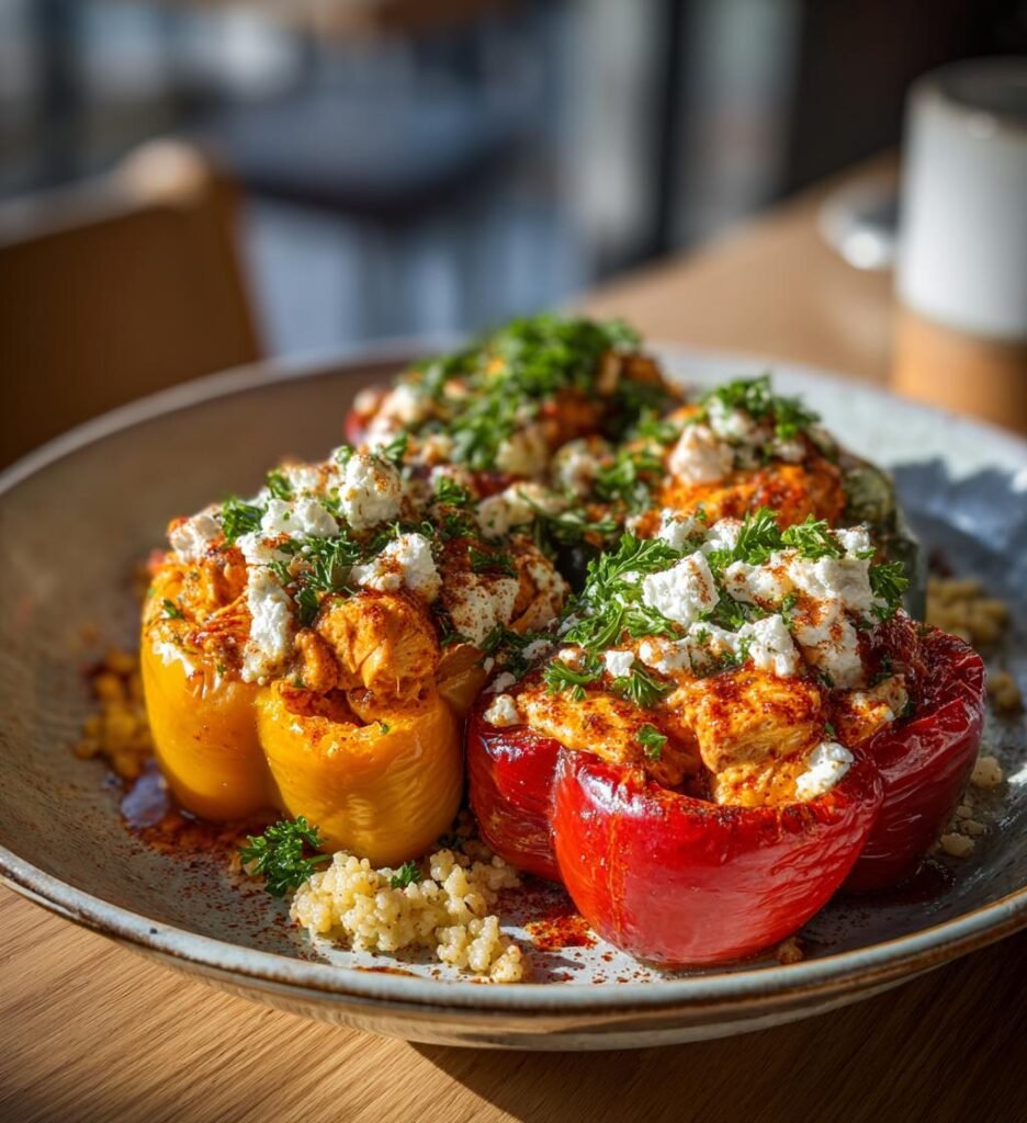 Paprikor fyllda med kyckling, couscous och fetaost