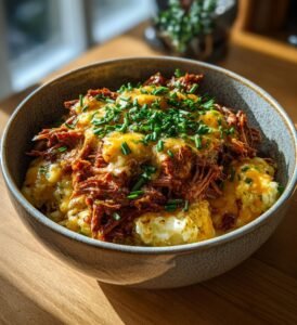 Pulled pork-paj med potatis och cheddar