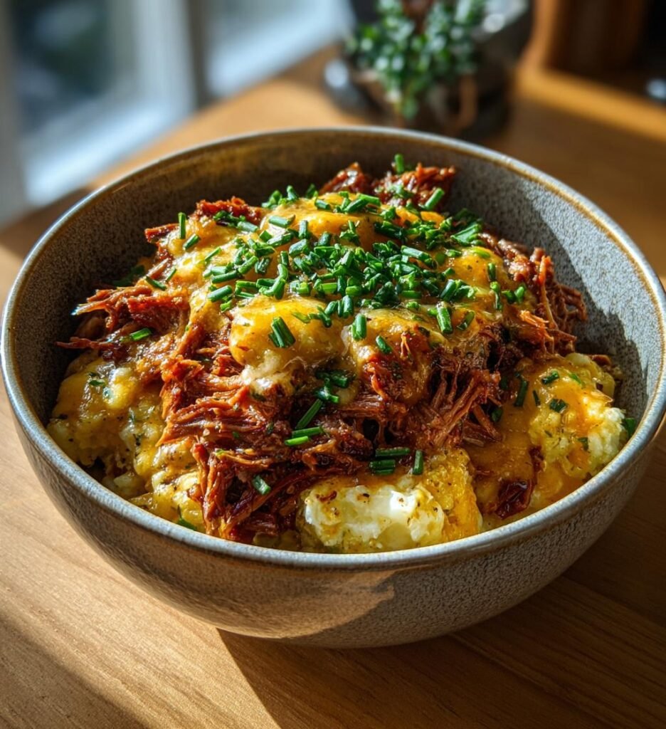 Pulled pork-paj med potatis och cheddar