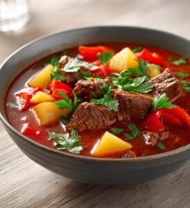 Gulaschsoppa med nötkött, paprika och potatis