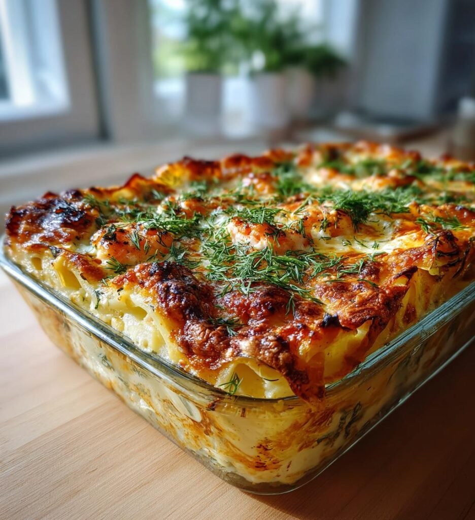 Räklasagne med spenat, dill och ostsås