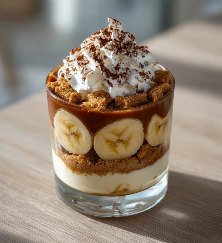Banoffee-dessert i glas med karamell och banan