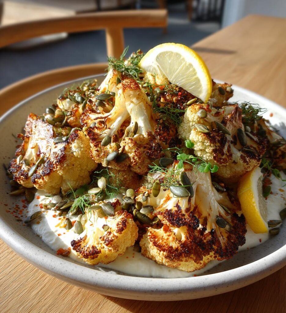 Blomkålsstek med citron, tahini och rostade frön