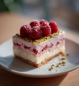 Hallon- och pistagecheesecake