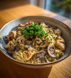 Krämig orzopasta med kyckling och champinjoner