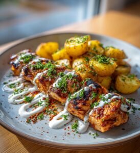 Kycklingkebab i ugn med vitlökssås och rostad potatis