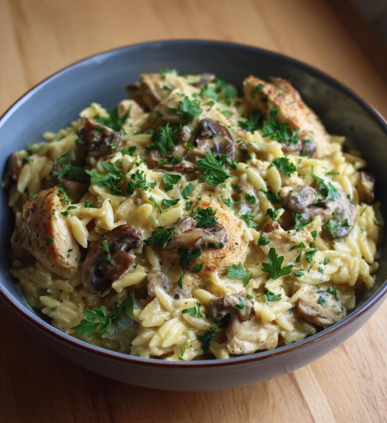 Krämig orzopasta med kyckling och champinjoner