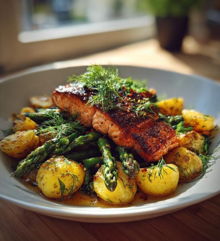Vårlax med sparris, dill och smörslungad potatis
