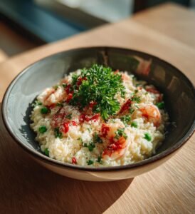 Krämig skaldjursrisotto med räkor och ärtor