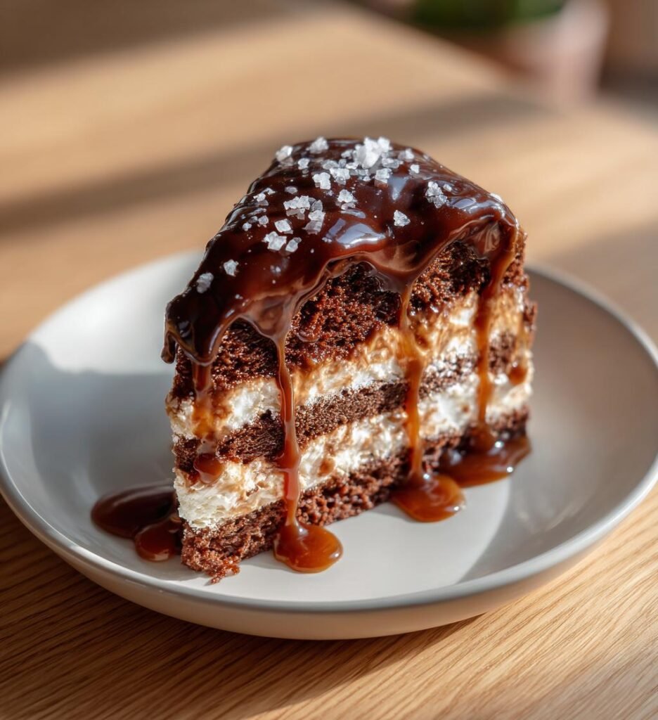 Browniepaj med chokladganache och salt karamell