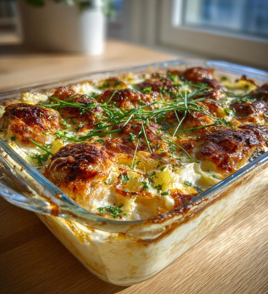 Fläskfilégratäng med purjolök och dijonsås