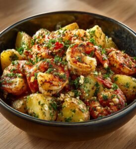 Vitlöksräkor med rostad potatis och örter
