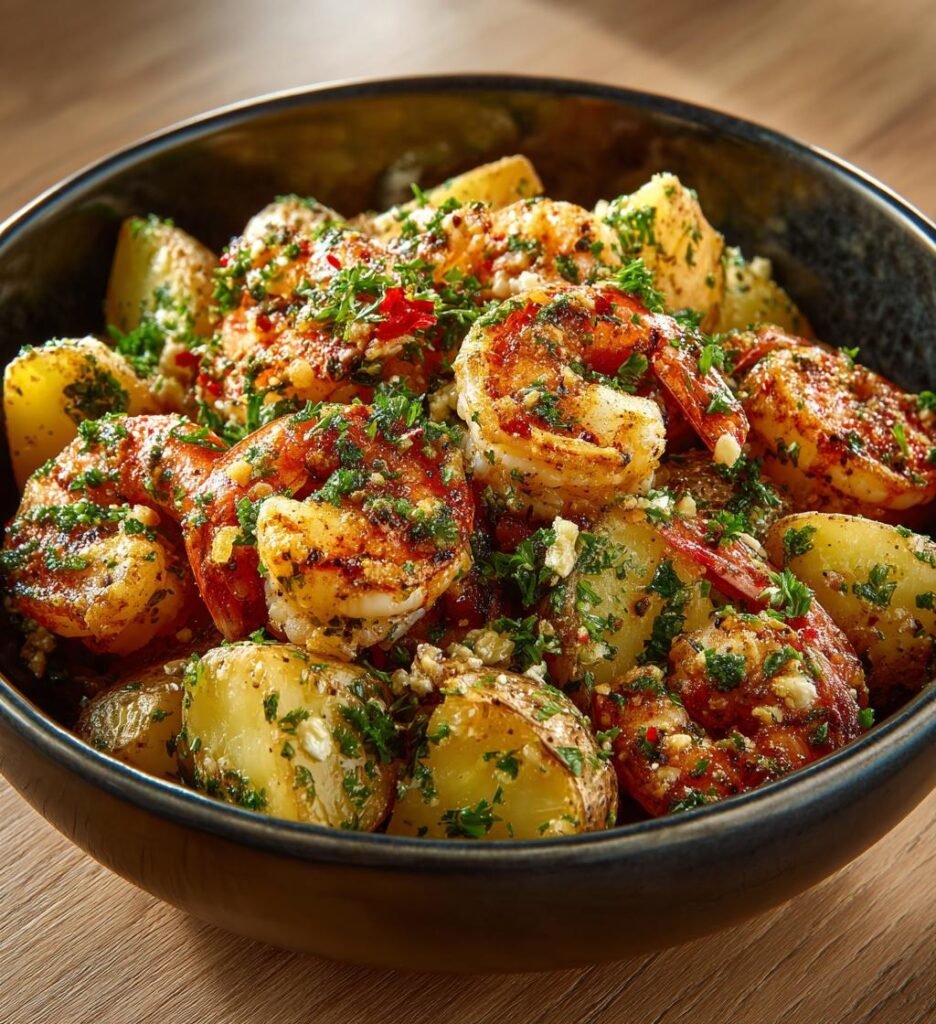 Vitlöksräkor med rostad potatis och örter