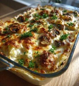 Vitkålsgratäng med svamp, grädde och ost