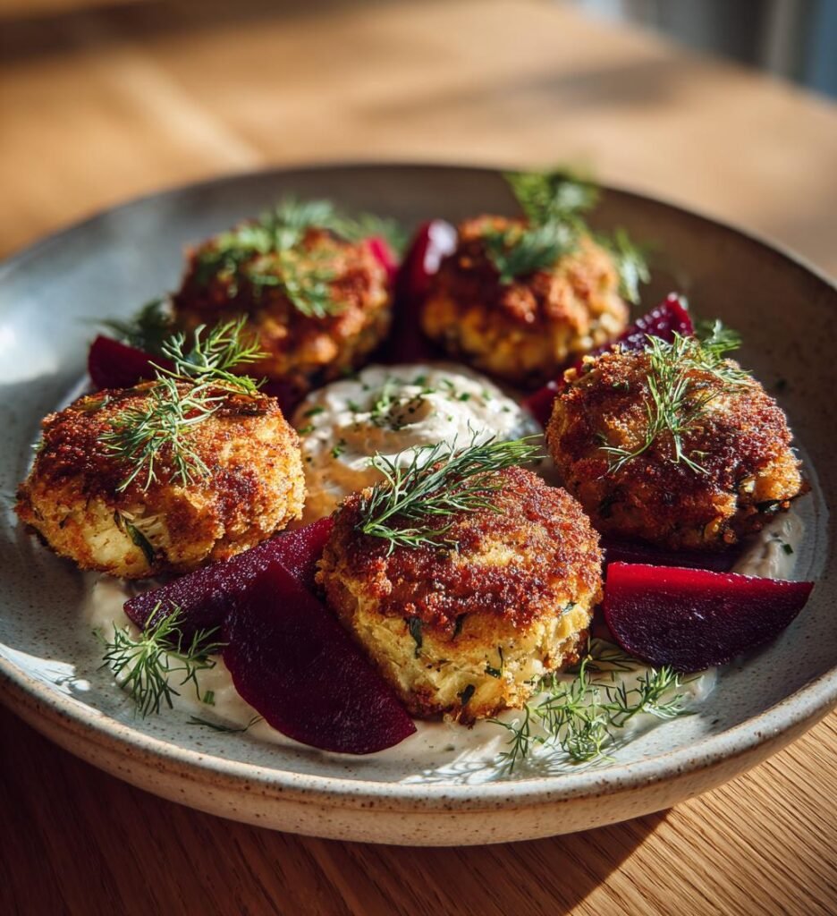Fiskbiffar med rödbeta och krämig kaprisdipp