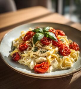 Krämig kycklingpasta med rostad tomat och vitlök