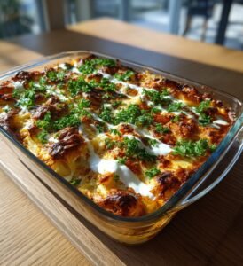 Kycklinggratäng med harissa, kikärter och yoghurttäcke