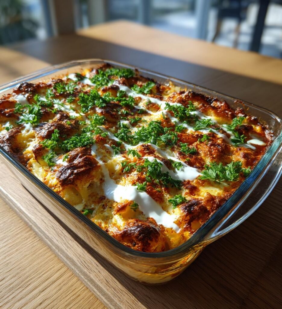 Kycklinggratäng med harissa, kikärter och yoghurttäcke