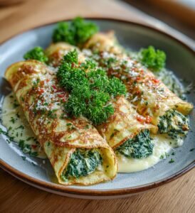 Laxfyllda crêpes med spenat och ost