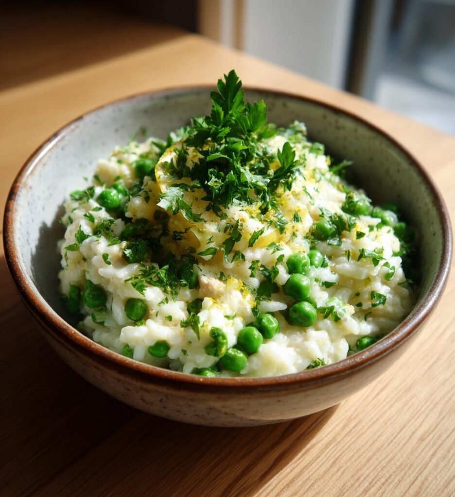 Krämig kycklingrisotto med ärtor och citron