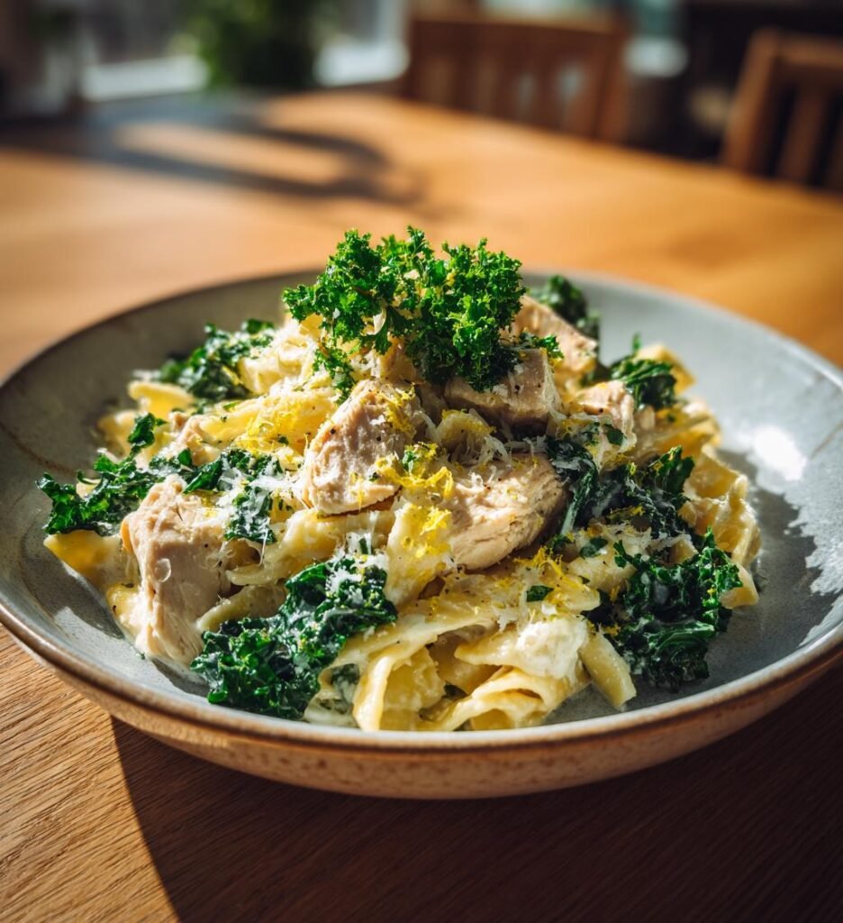 Kycklingpasta med grönkål och citronparmesan