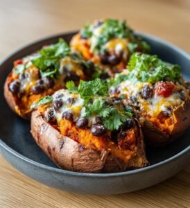 Sötpotatis fylld med svarta bönor och cheddar