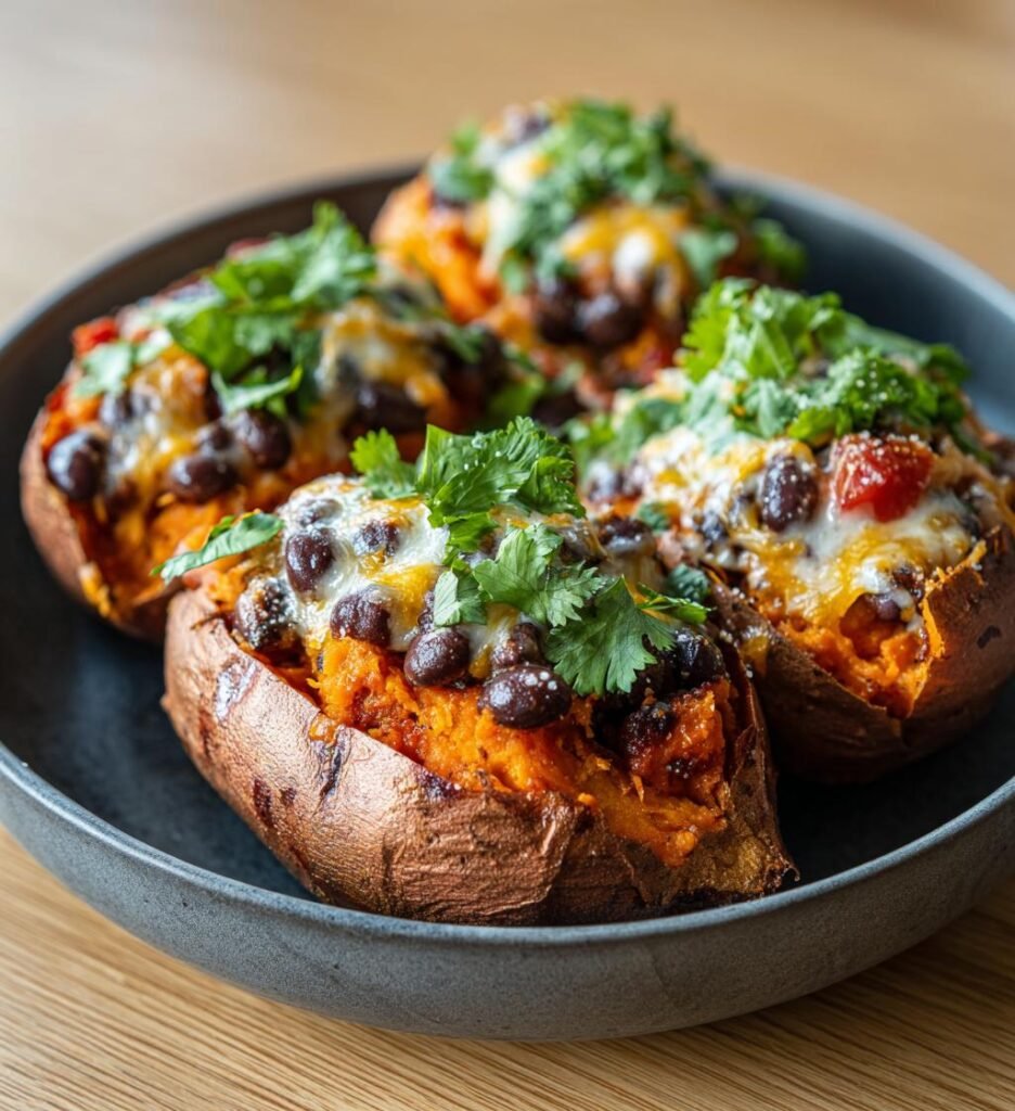 Sötpotatis fylld med svarta bönor och cheddar