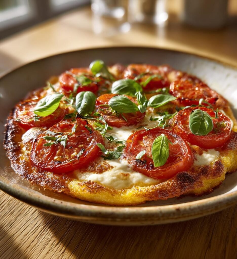 Frasig polentapizza med tomat och mozzarella