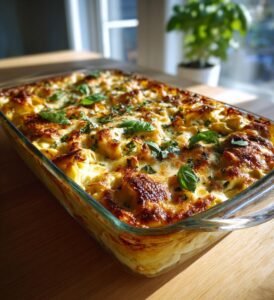 Tortellinigratäng med kyckling, pesto och ost
