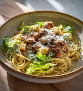Caesarpasta med kyckling, parmesan och krutonger