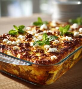 Lammfärspaj med aubergine, mynta och fetaost