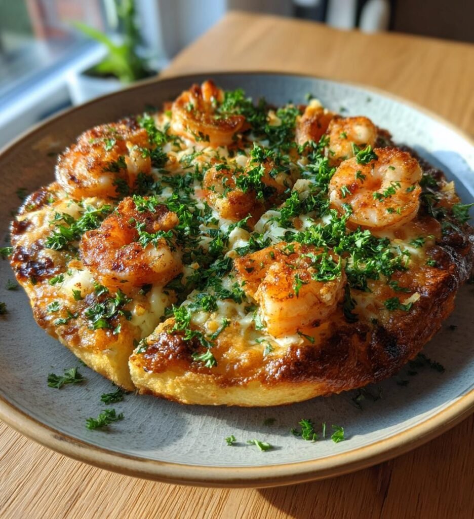 Skaldjurspizza med räkor, lax och vitlökssås