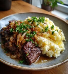 Biffar med karamelliserad lök och potatismos