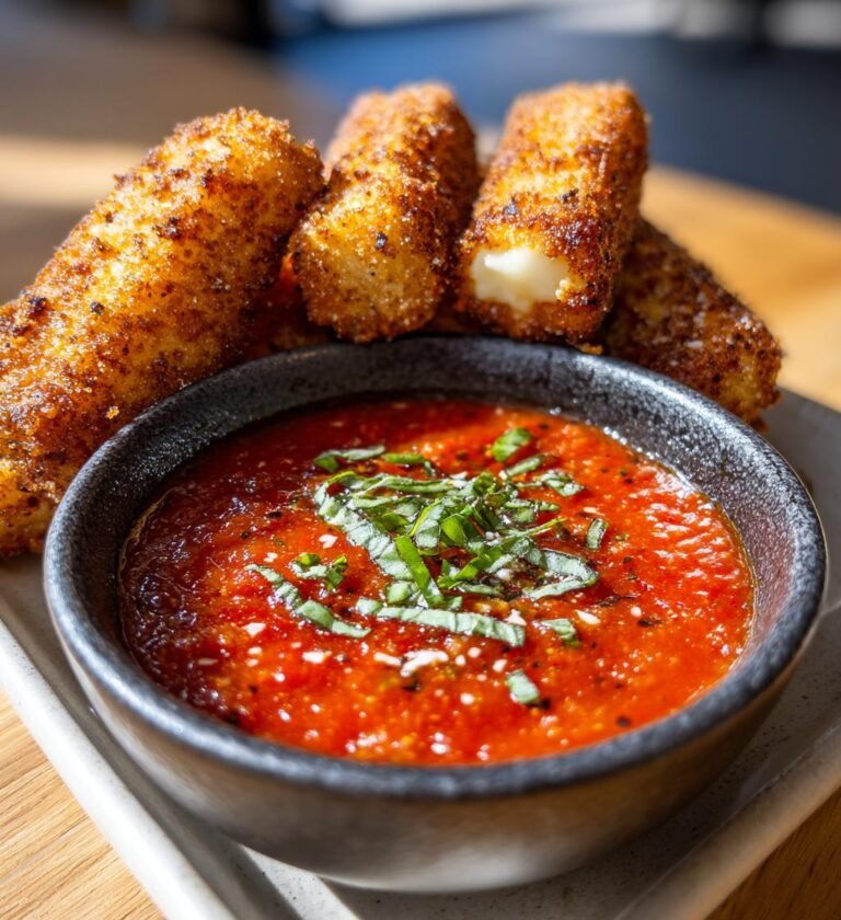 Ugnsbakade mozzarellasticks med tomatdipp