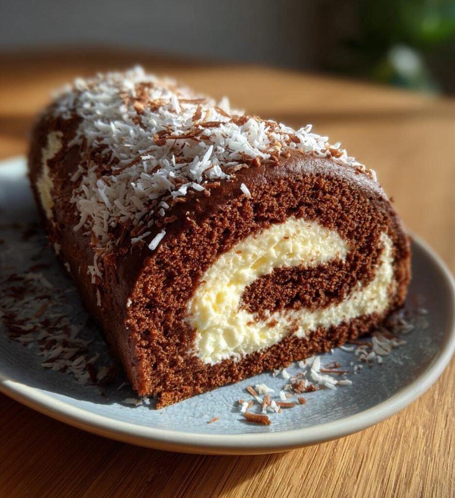 Choklad- och kokosrulltårta med vaniljkräm
